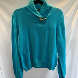 Lauren Ralph Lauren Blue and Gold Cowl Neck Sweater with Knit Design Cotton
